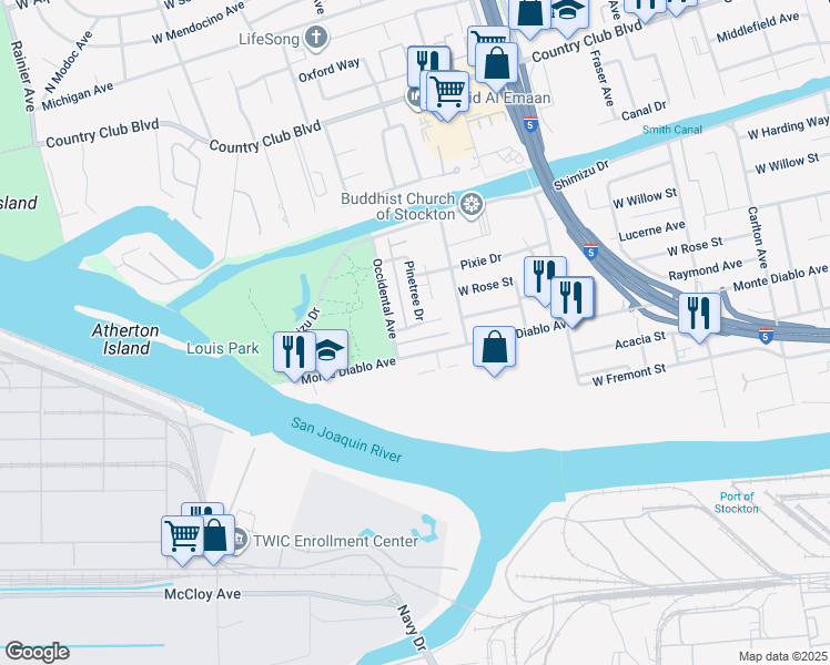 map of restaurants, bars, coffee shops, grocery stores, and more near 2240 De Ovan Ave in Stockton