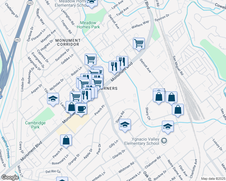 map of restaurants, bars, coffee shops, grocery stores, and more near 2050 Monument Boulevard in Concord