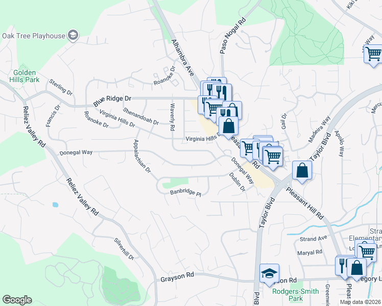 map of restaurants, bars, coffee shops, grocery stores, and more near 6802 Waverly Road in Martinez