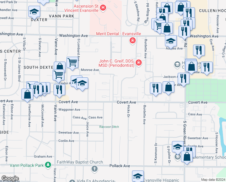 map of restaurants, bars, coffee shops, grocery stores, and more near 1431 Jeanette Avenue in Evansville