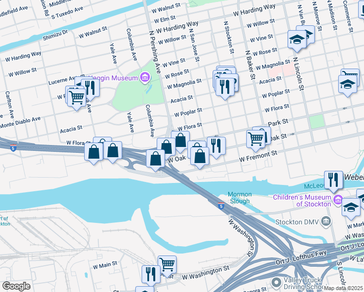 map of restaurants, bars, coffee shops, grocery stores, and more near 1330 West Park Street in Stockton