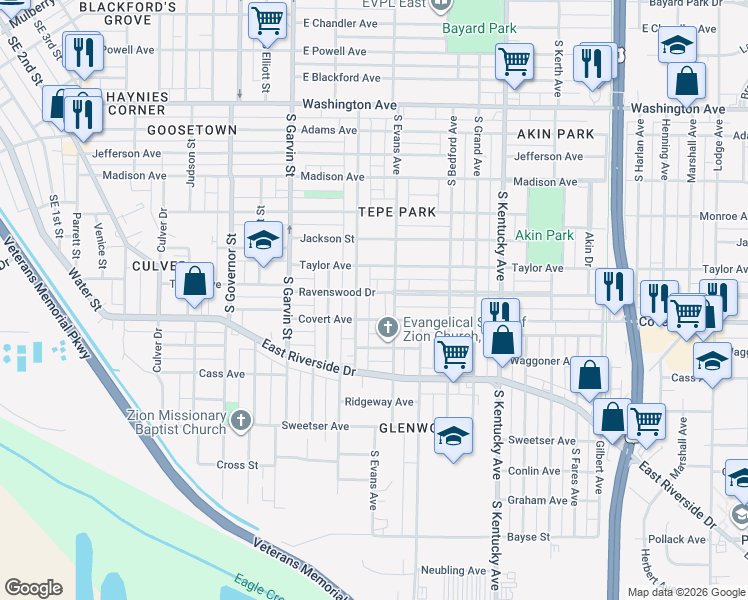 map of restaurants, bars, coffee shops, grocery stores, and more near 714 Covert Avenue in Evansville