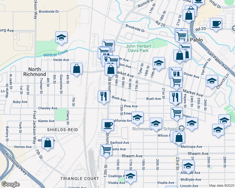 map of restaurants, bars, coffee shops, grocery stores, and more near 1620 14th Street in San Pablo