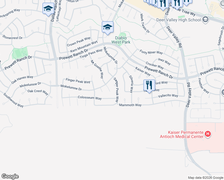 map of restaurants, bars, coffee shops, grocery stores, and more near 1794 Sanger Peak Way in Antioch