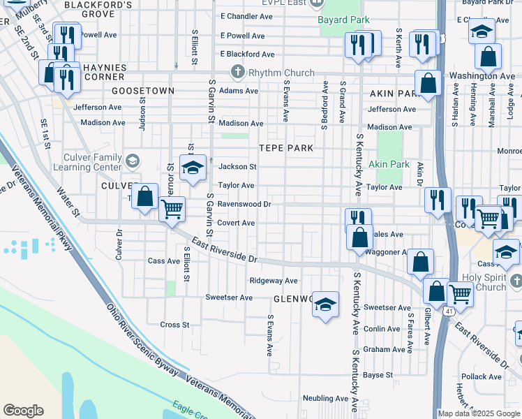 map of restaurants, bars, coffee shops, grocery stores, and more near 1552 South Linwood Avenue in Evansville