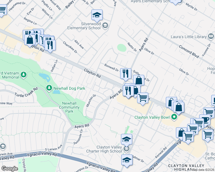 map of restaurants, bars, coffee shops, grocery stores, and more near 5075 Valley Crest Drive in Concord