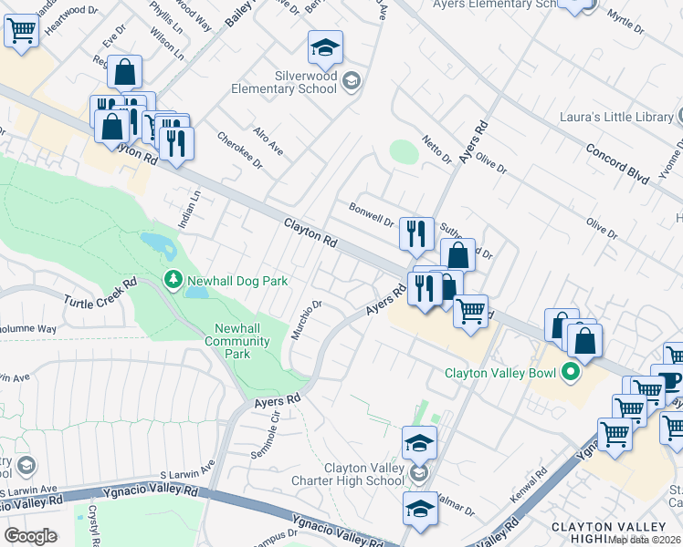 map of restaurants, bars, coffee shops, grocery stores, and more near 5030 Valley Crest Drive in Concord