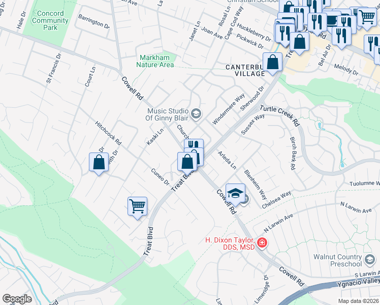 map of restaurants, bars, coffee shops, grocery stores, and more near 4215 Cowell Road in Concord