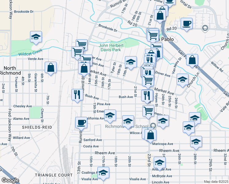 map of restaurants, bars, coffee shops, grocery stores, and more near 1743 Bush Avenue in San Pablo