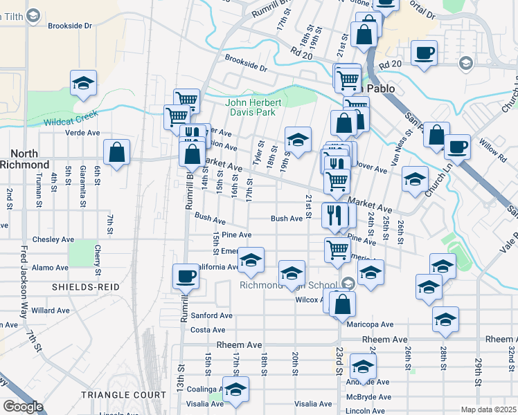 map of restaurants, bars, coffee shops, grocery stores, and more near 1743 Bush Avenue in San Pablo