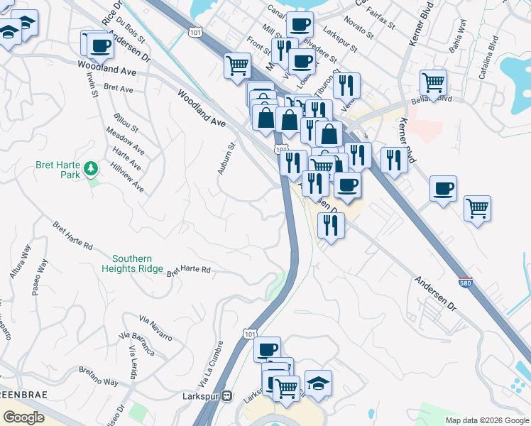 map of restaurants, bars, coffee shops, grocery stores, and more near 17 Albion Street in San Rafael