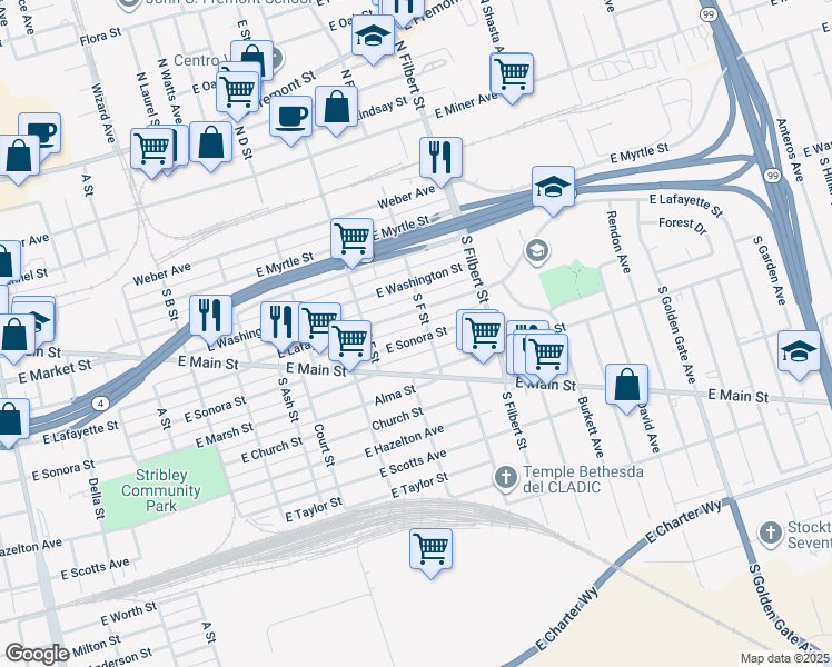 map of restaurants, bars, coffee shops, grocery stores, and more near 2383 East Sonora Street in Stockton