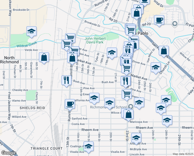 map of restaurants, bars, coffee shops, grocery stores, and more near 1722 Sutter Avenue in San Pablo