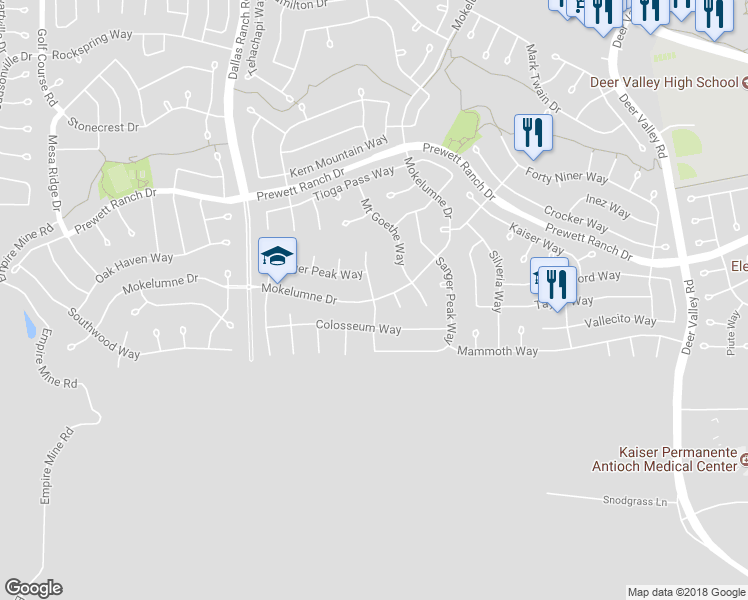 map of restaurants, bars, coffee shops, grocery stores, and more near Mokelumne Drive & Observation Way in Antioch