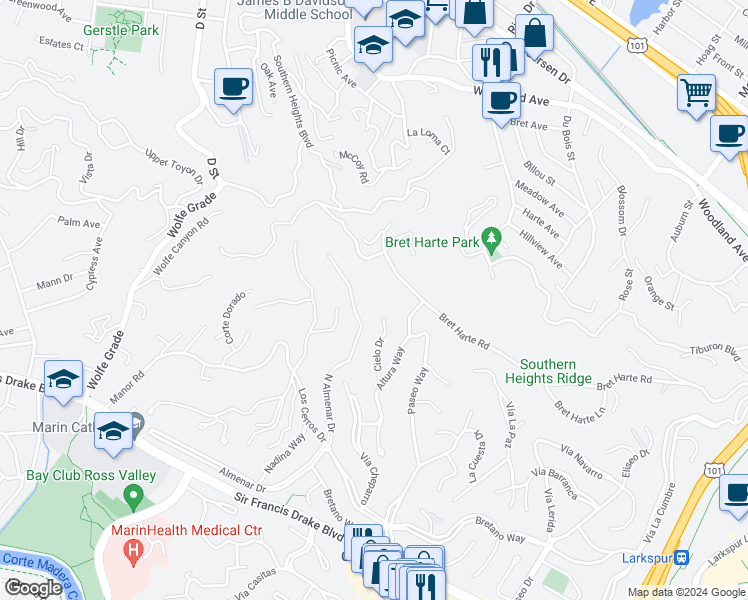 map of restaurants, bars, coffee shops, grocery stores, and more near 83 Cielo Drive in Larkspur