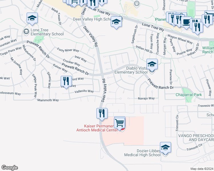 map of restaurants, bars, coffee shops, grocery stores, and more near 5220 Chinook Court in Antioch