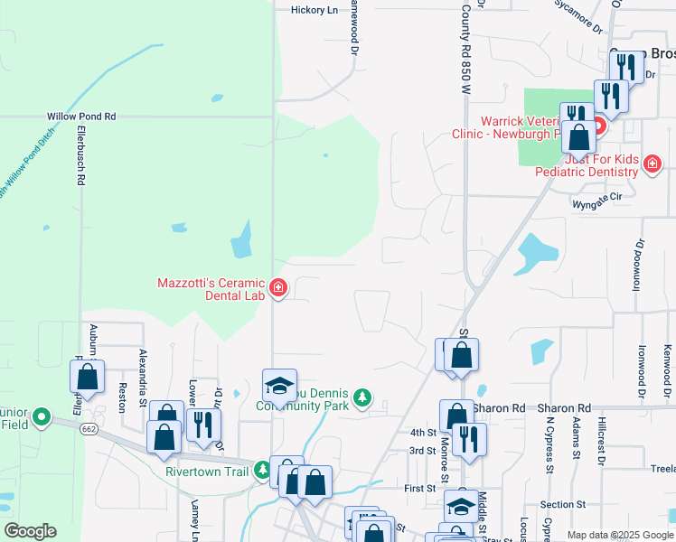 map of restaurants, bars, coffee shops, grocery stores, and more near 5422 Bice Place in Newburgh
