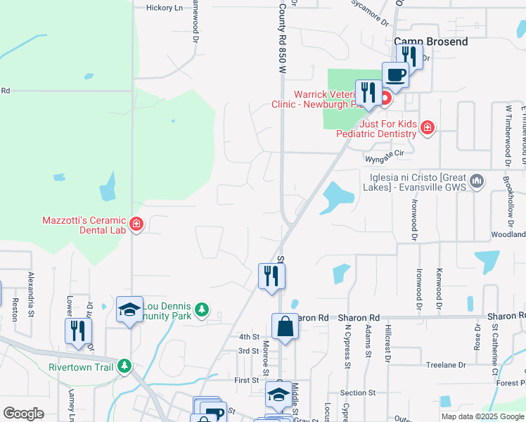 map of restaurants, bars, coffee shops, grocery stores, and more near 5101-5199 Primrose Court in Newburgh