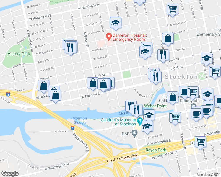 map of restaurants, bars, coffee shops, grocery stores, and more near 435 West Fremont Street in Stockton