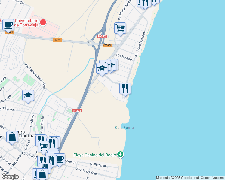 map of restaurants, bars, coffee shops, grocery stores, and more near 2 Avenida Don Juan de Austria in Torrevieja