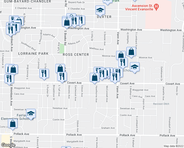 map of restaurants, bars, coffee shops, grocery stores, and more near 2805 Ravenswood Drive in Evansville