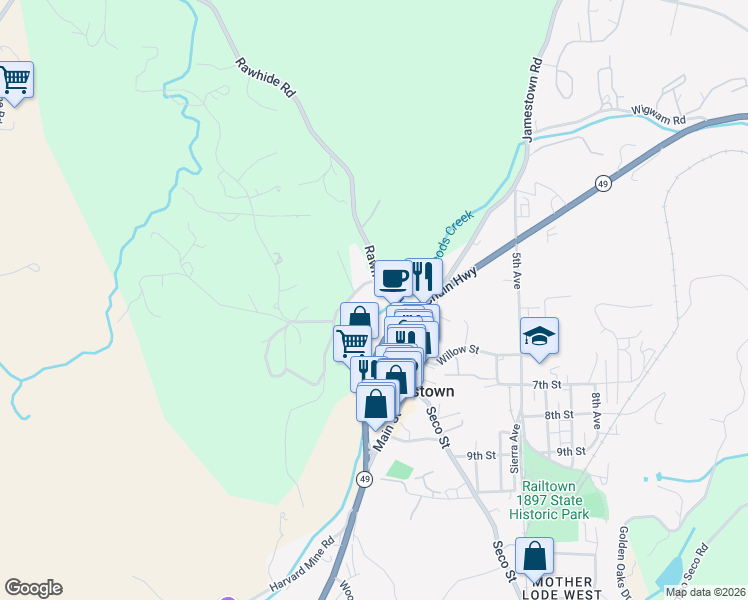 map of restaurants, bars, coffee shops, grocery stores, and more near 10177 Pulpit Rock Road in Jamestown