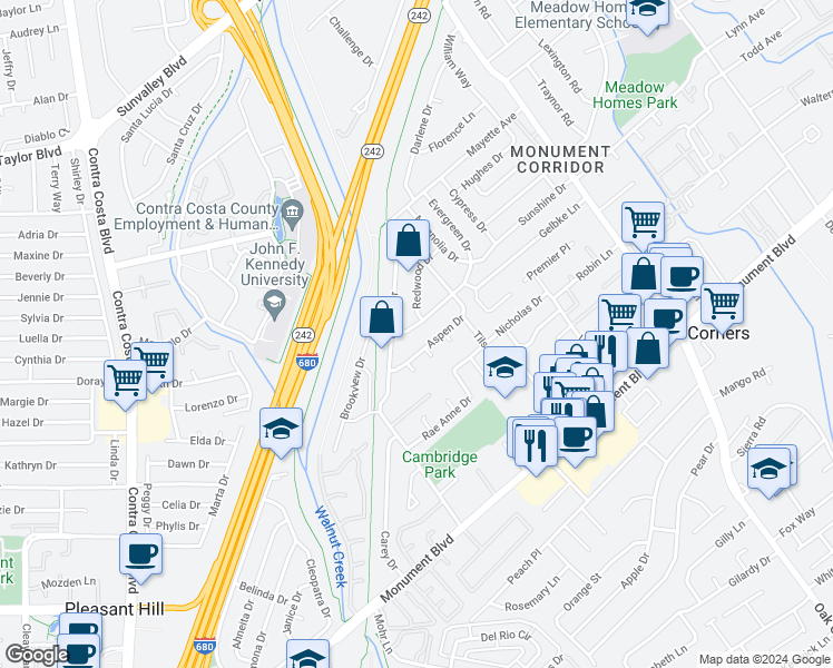 map of restaurants, bars, coffee shops, grocery stores, and more near 1380 Sunshine Drive in Concord