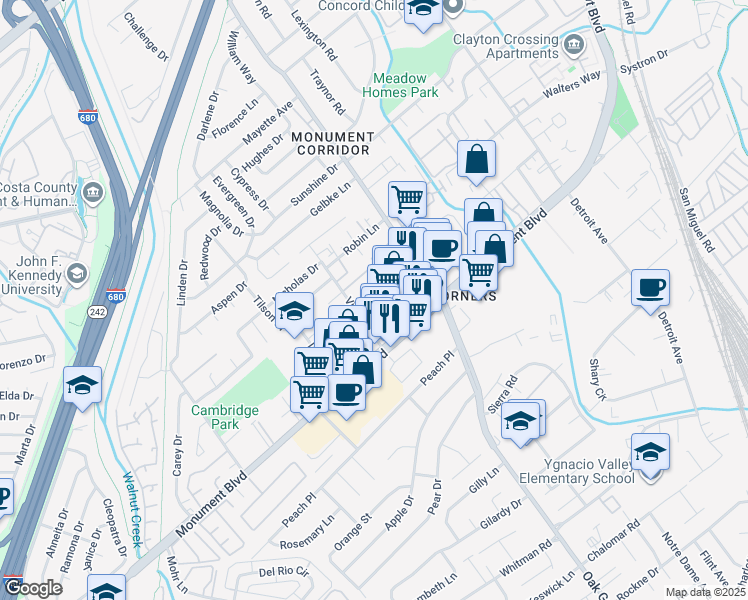 map of restaurants, bars, coffee shops, grocery stores, and more near 1750 Diane Court in Concord