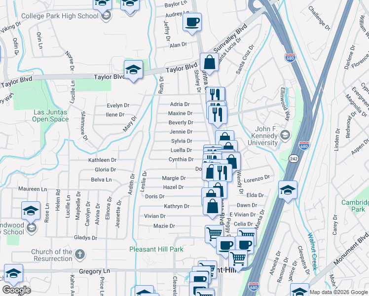map of restaurants, bars, coffee shops, grocery stores, and more near 130 Luella Drive in Pleasant Hill