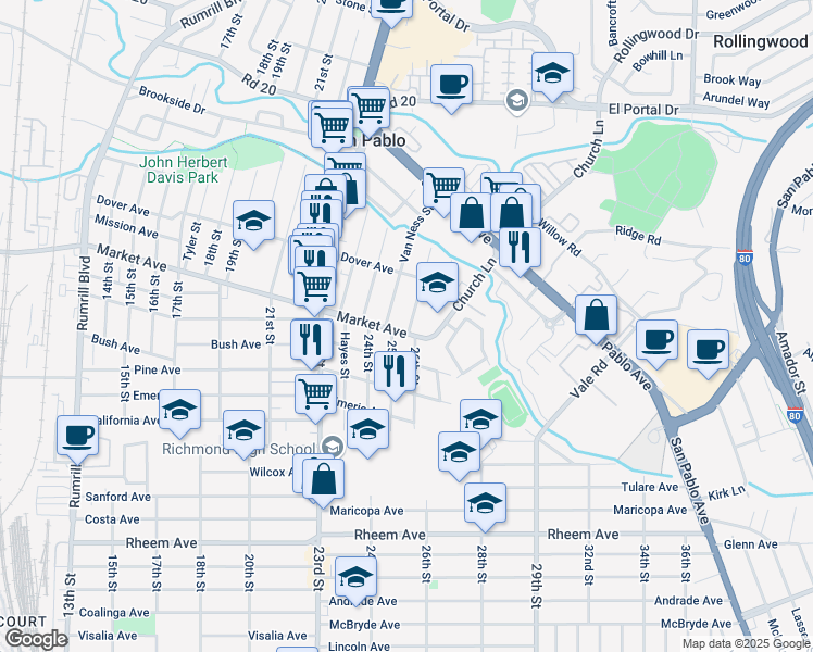 map of restaurants, bars, coffee shops, grocery stores, and more near 2488 Market Avenue in San Pablo