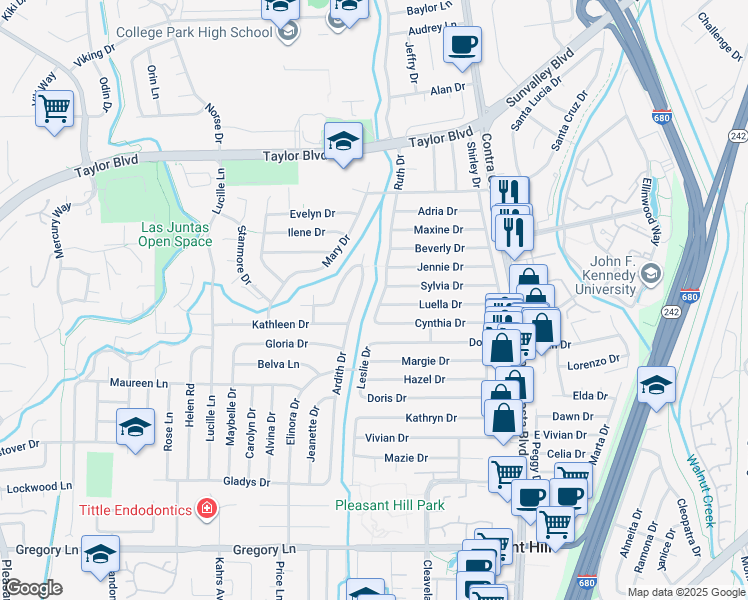map of restaurants, bars, coffee shops, grocery stores, and more near 1772 Ruth Drive in Pleasant Hill