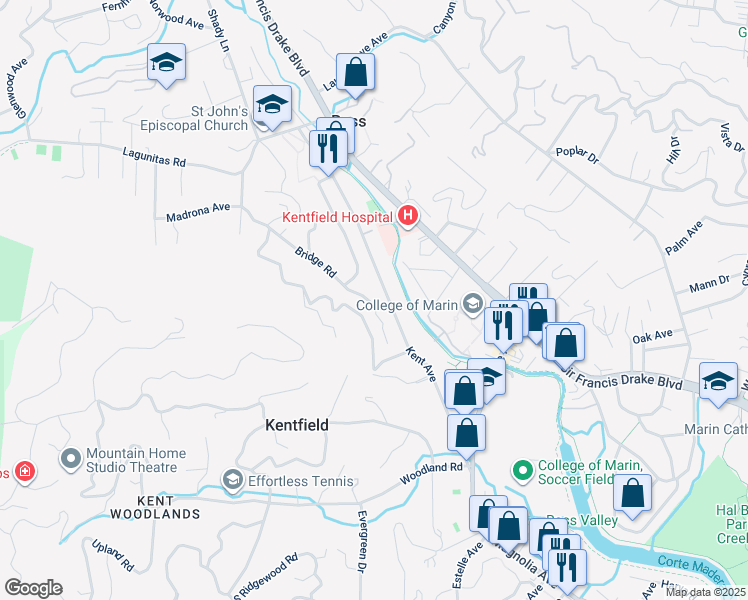 map of restaurants, bars, coffee shops, grocery stores, and more near 9 Bridge Road in Kentfield