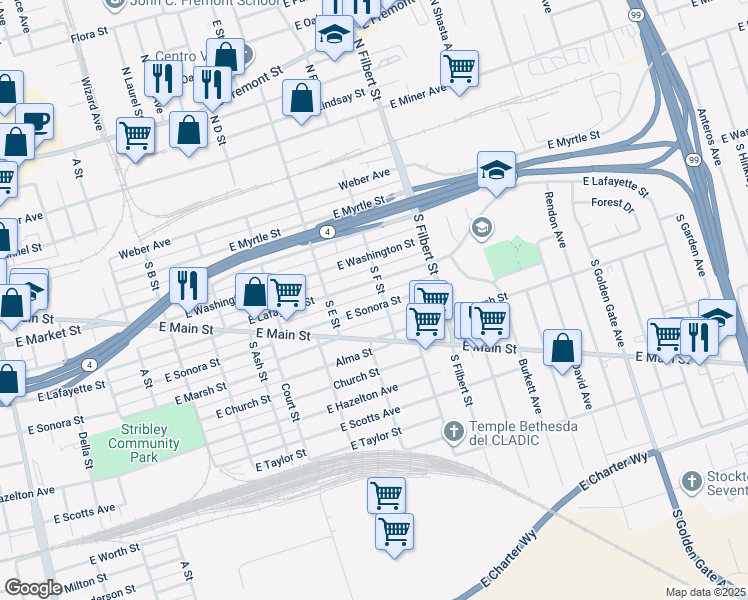 map of restaurants, bars, coffee shops, grocery stores, and more near 2383 East Sonora Street in Stockton