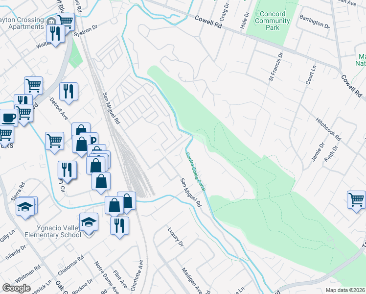 map of restaurants, bars, coffee shops, grocery stores, and more near 3060 San Miguel Court in Concord