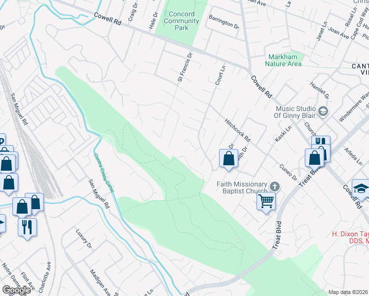 map of restaurants, bars, coffee shops, grocery stores, and more near 3777 Emery Court in Concord