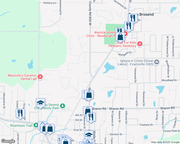map of restaurants, bars, coffee shops, grocery stores, and more near 5101 Primrose Court in Newburgh