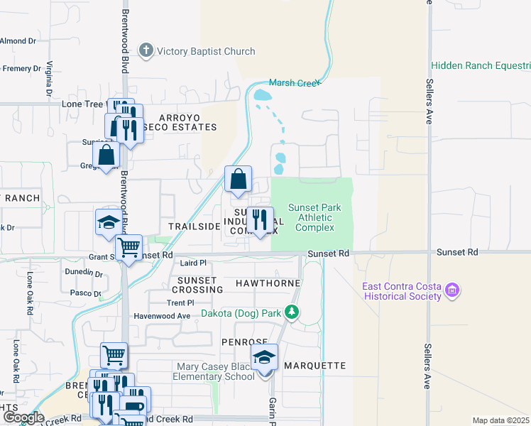 map of restaurants, bars, coffee shops, grocery stores, and more near 425 Beatrice Court in Brentwood