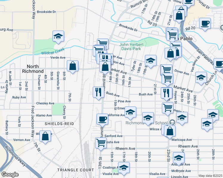 map of restaurants, bars, coffee shops, grocery stores, and more near 1624 14th Street in San Pablo