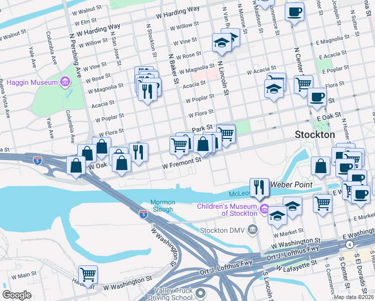 map of restaurants, bars, coffee shops, grocery stores, and more near 821 West Fremont Street in Stockton