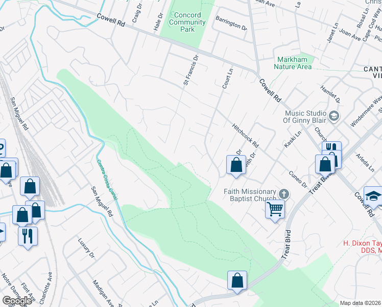 map of restaurants, bars, coffee shops, grocery stores, and more near 3777 Emery Court in Concord