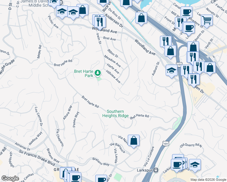 map of restaurants, bars, coffee shops, grocery stores, and more near 129 Irwin Street in San Rafael