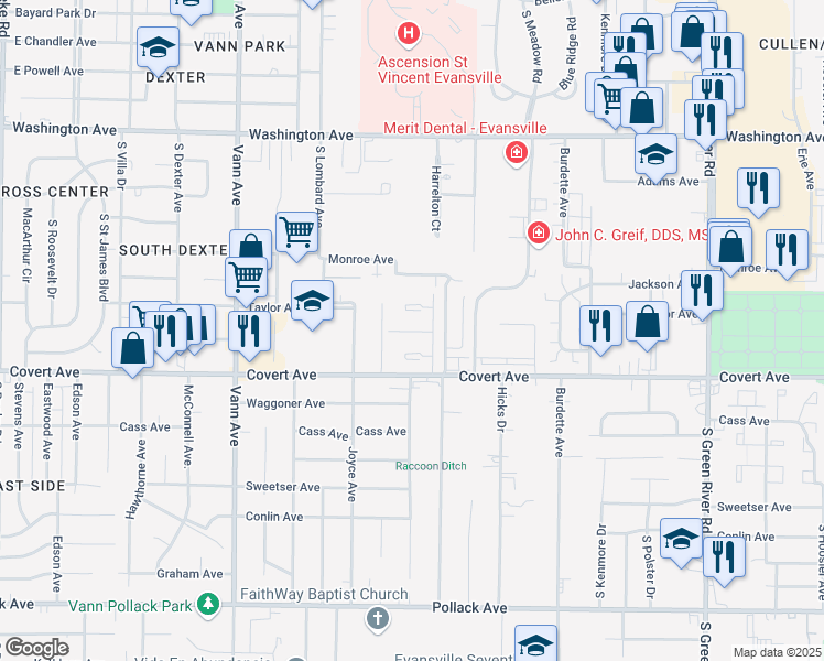 map of restaurants, bars, coffee shops, grocery stores, and more near 3812 Justus Court in Evansville