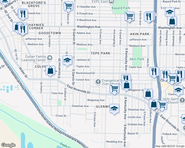 map of restaurants, bars, coffee shops, grocery stores, and more near 714 Covert Avenue in Evansville