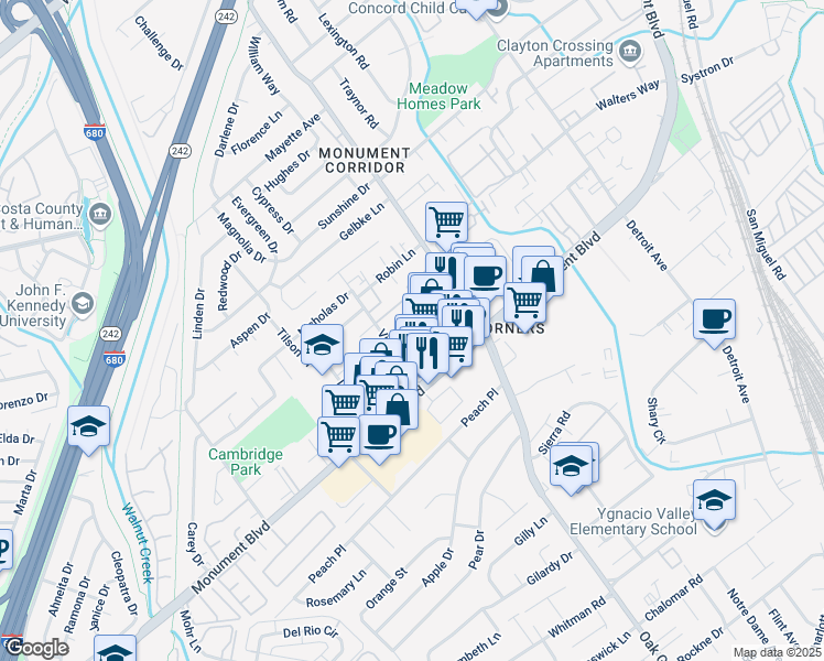 map of restaurants, bars, coffee shops, grocery stores, and more near 1750 Diane Court in Concord