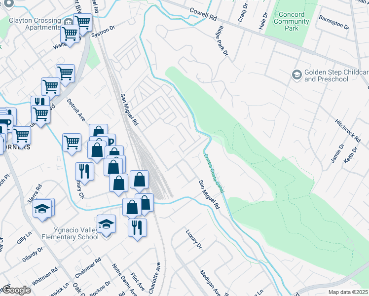map of restaurants, bars, coffee shops, grocery stores, and more near 69 Terrace Drive in Concord
