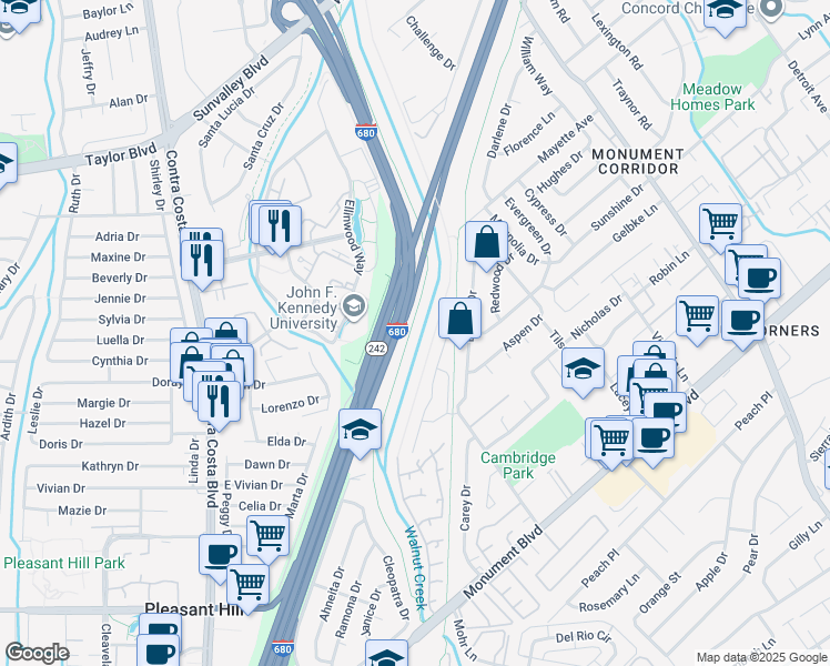 map of restaurants, bars, coffee shops, grocery stores, and more near 2050 Monument Boulevard in Pleasant Hill
