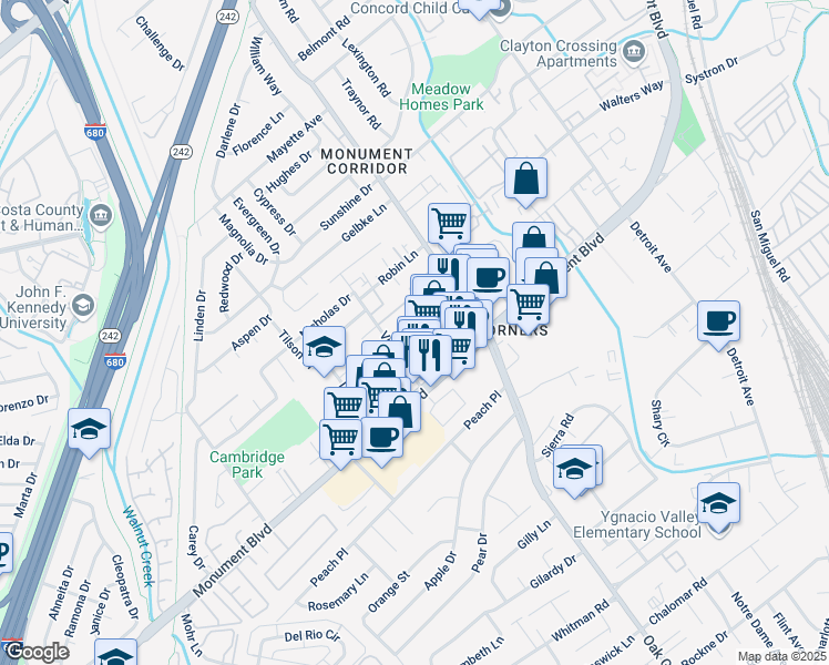 map of restaurants, bars, coffee shops, grocery stores, and more near 1803 Monument Boulevard in Concord