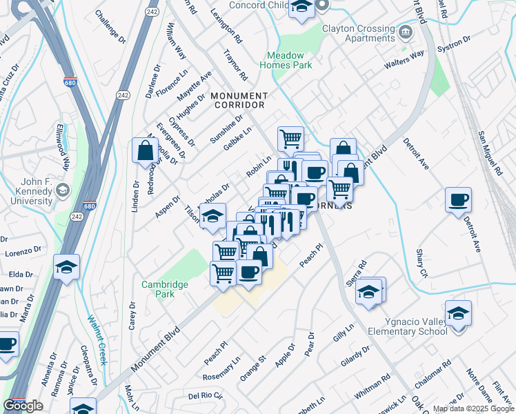 map of restaurants, bars, coffee shops, grocery stores, and more near 1130 Virginia Lane in Concord
