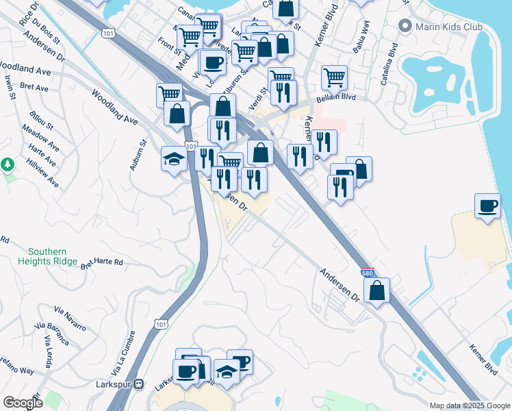 map of restaurants, bars, coffee shops, grocery stores, and more near 1105-1111 Andersen Drive in San Rafael