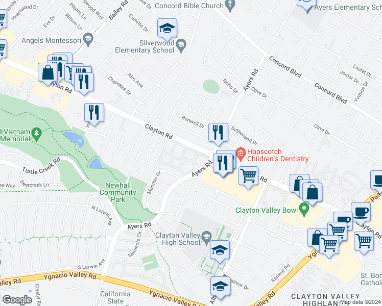 map of restaurants, bars, coffee shops, grocery stores, and more near 5065 Valley Crest Drive in Concord